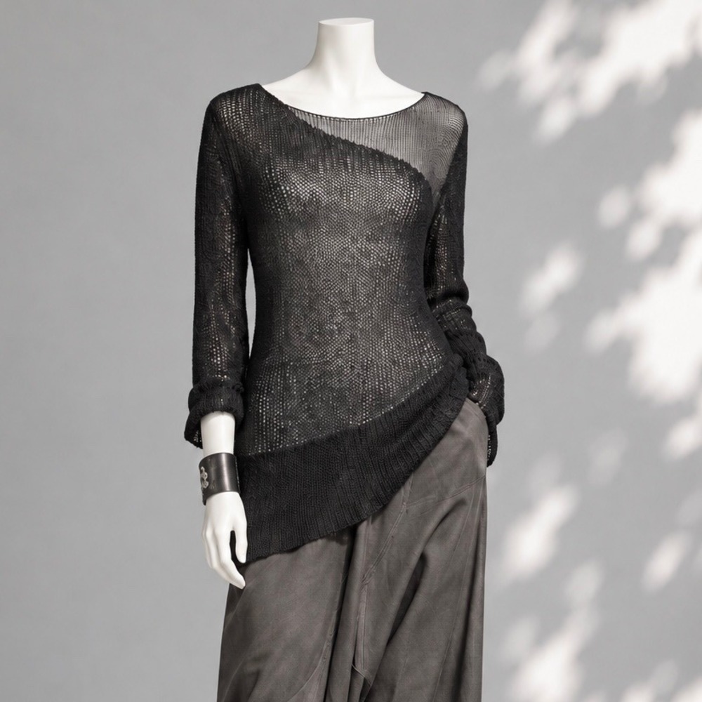 Eileen Fisher Black Open Knit Sweater L/XL Boatneck Minimalist Goth Balletcore